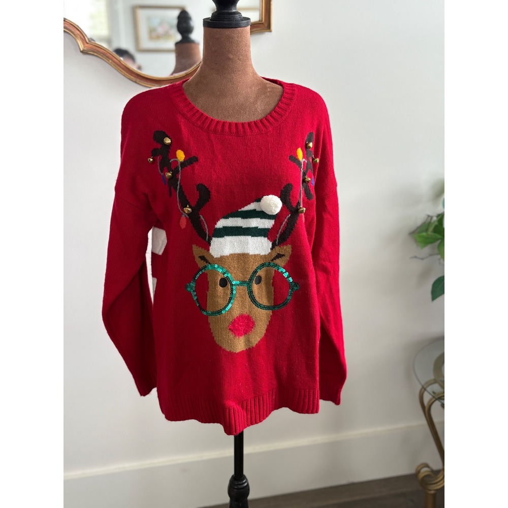 Red Reindeer Christmas Sweater Women's PXL Holiday‎ Party Striped Back
